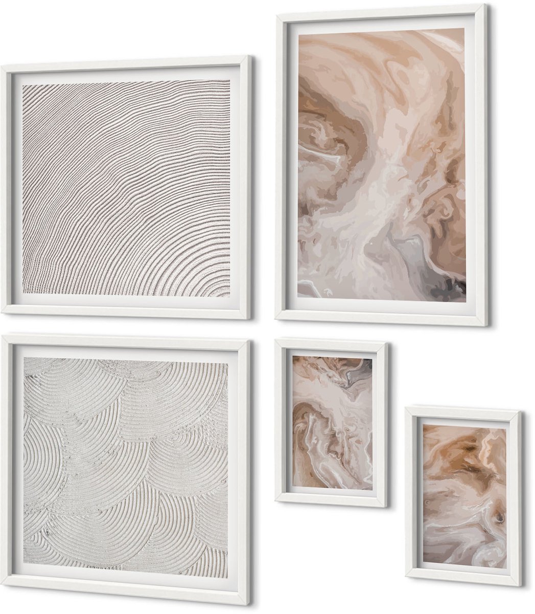 Coloray 5-Delige Schilderij Set - Abstracte Marmerpatronen, Steentexturen - 50 x 50 cm, 20 x 30 cm En 40 x 60 cm - Schilderijen Set - Wanddecoratie - Woonkamer - Moderne Wanddecoratie