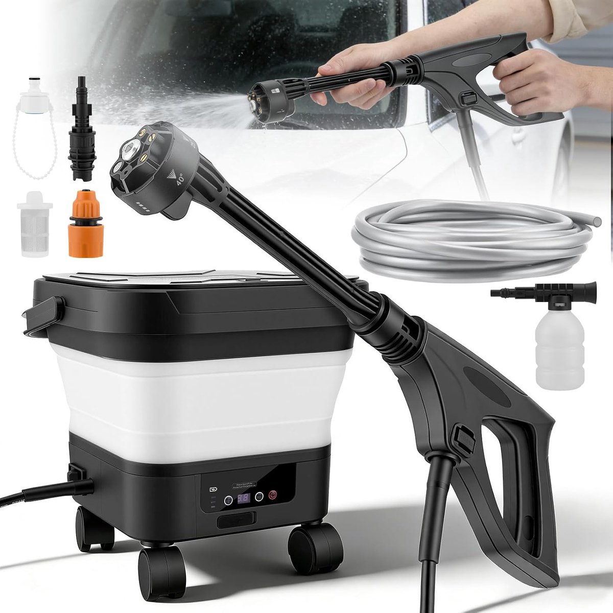Draagbare hogedrukreiniger met 13 liter watertank, oplaadbaar, mobiel drukreinigingspistool, 6-in-1 multifunctioneel - ShopVlot