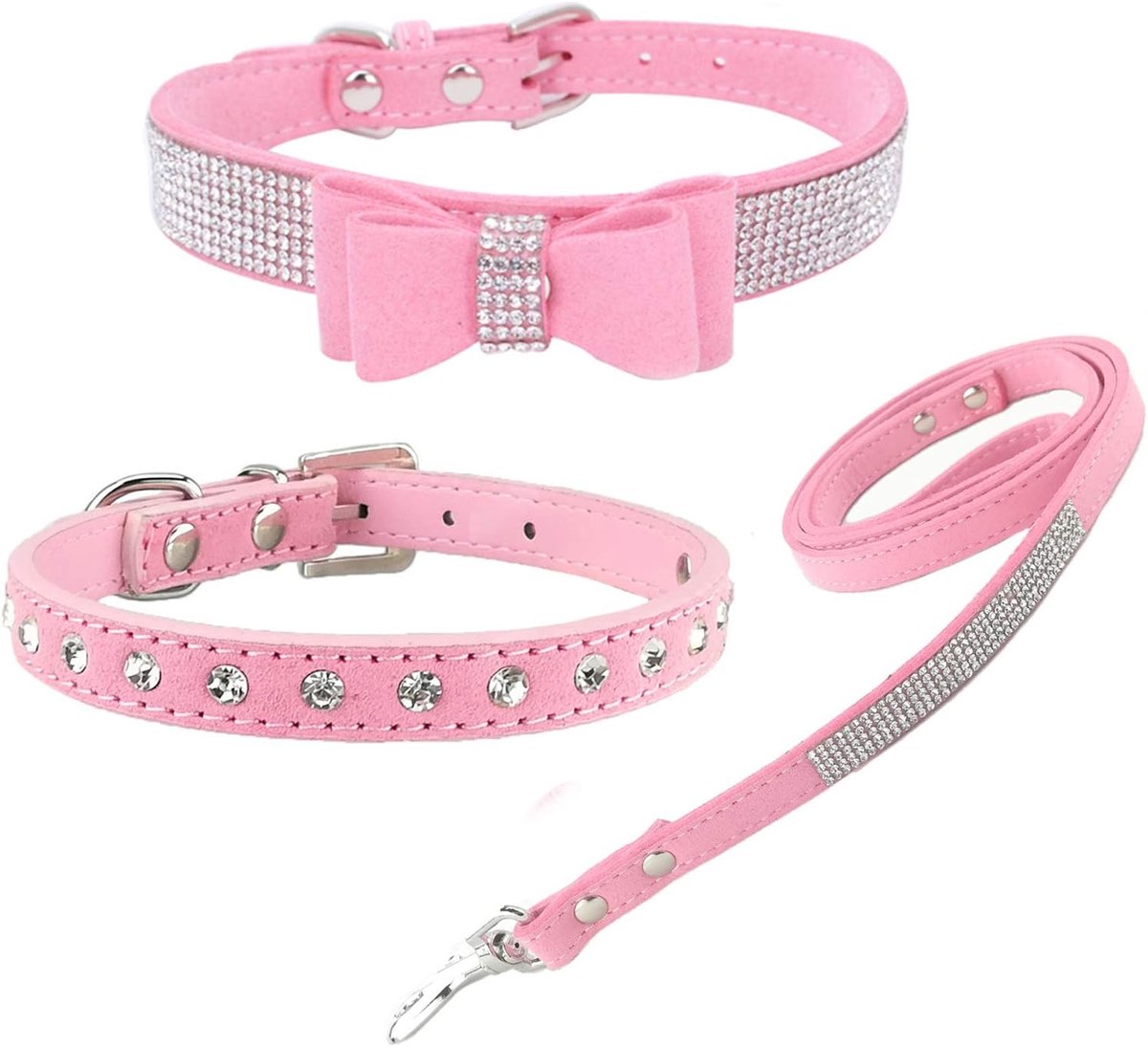 3Pcs Stylish Dog Collar and Leashes Set Cute Soft Suede Bling Collar with Bow Tie Puppy Collar and Leash for Small - ShopVlot