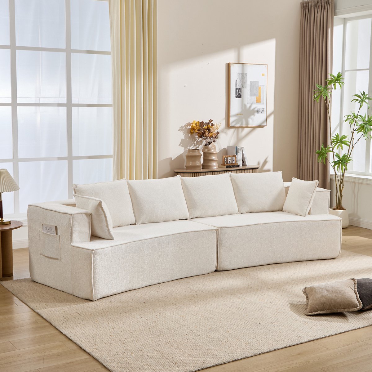 DESMIU Hoekbank - 4-Zits - Modulaire Gebogen Bank Met Diepe Zit & Zachte Comfortvulling - Voor Woonkamer, Kantoor En Slaapkamer - Stof - Wit