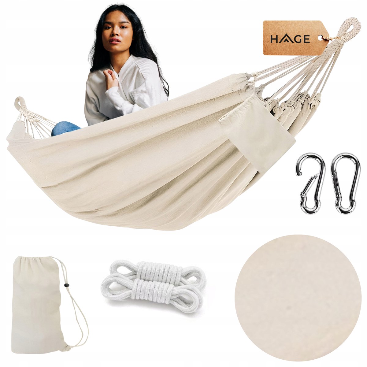Boho Tuin Hamak Beige 100x200cm 150kg - Inclusief Hoes & Koorden