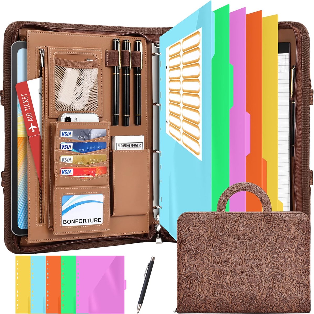 A4 Writing Folder with 5 Registers, Conference Folder with 4 Ring Binder, Zip, Handle, Clipboard, Notepad, Pen - ShopVlot