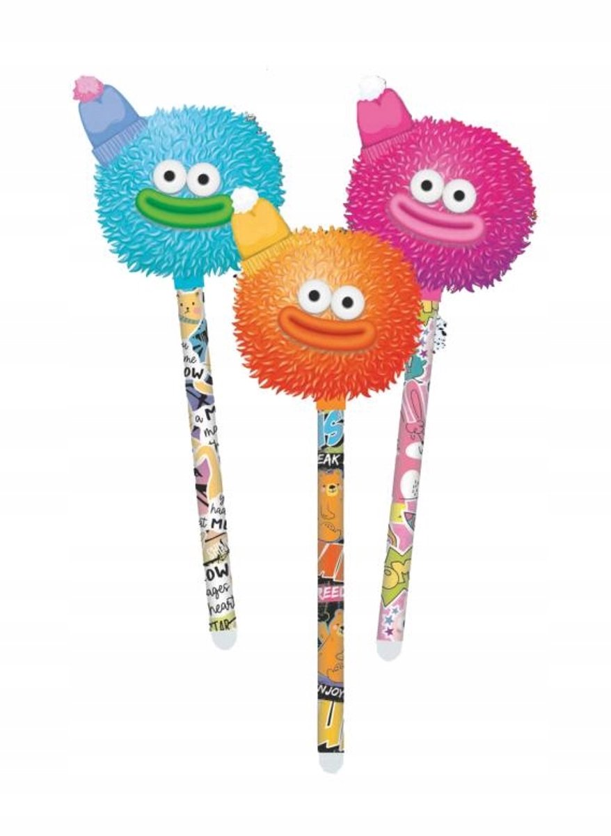 Uitwisbare Pen met Pompon - Blauwe Inkt, 3 Stuks