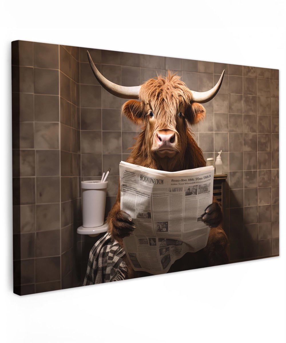 Famanu – Canvas schilderij 90 x 60 cm, wanddecoratie voor woonkamer en slaapkamer, Schotse hooglander, stijlvol en uniek
