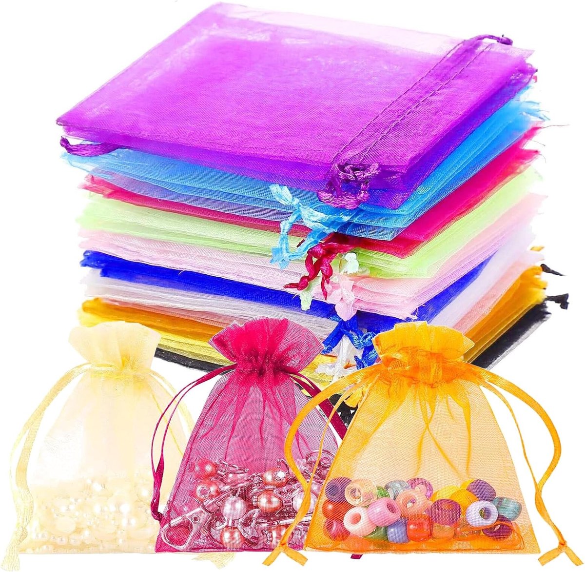 FACATH Pack of 100 Organza Bags, 7 x 9 cm, Colourful Organza Bags, Filling Pouches, Organza Bags with Drawstring for - ShopVlot