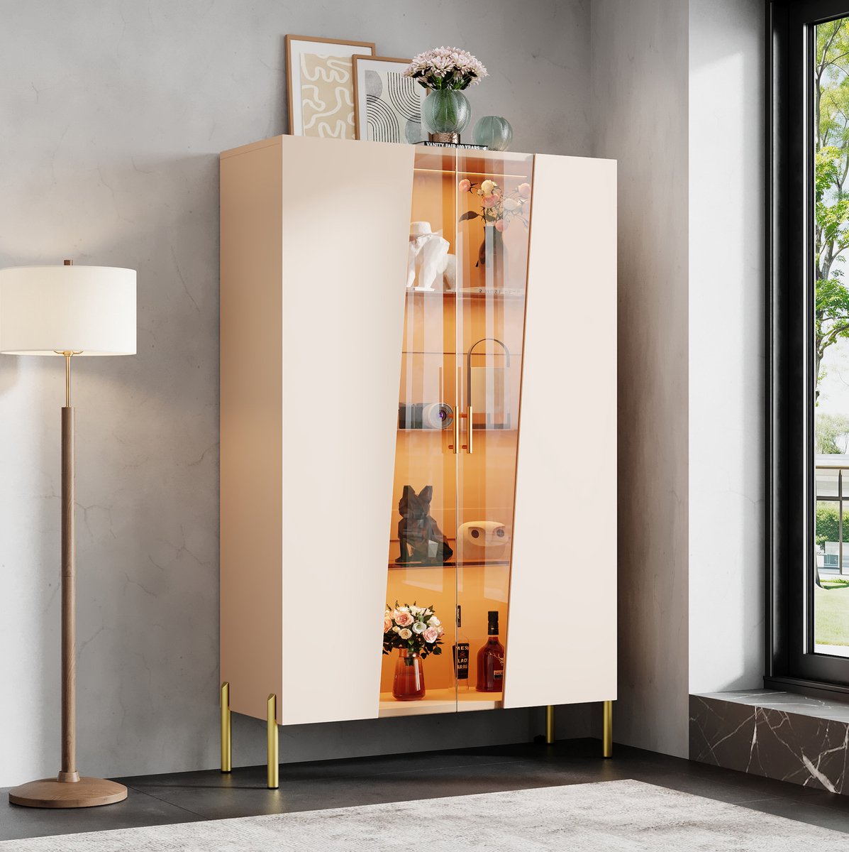 MIVRAY Vitrinekast Met Ledverlichting En Asymmetrische Glazen Deur Voor Woonkamer En Eetkamer MDF Beige 72x40x145 Cm