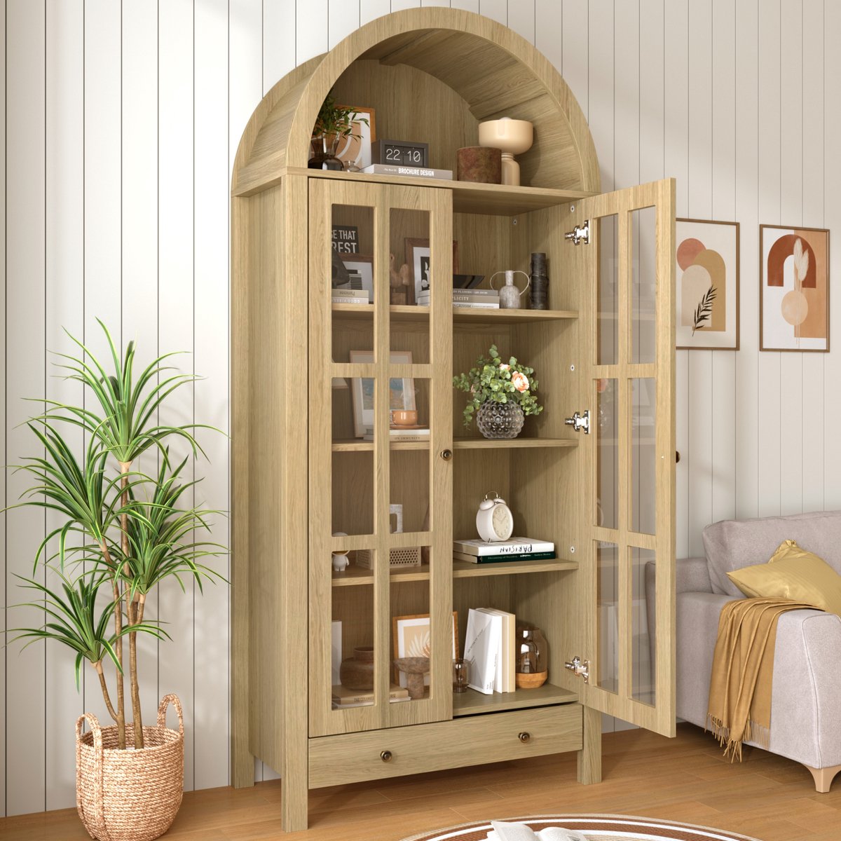 MIVRAY Vitrinekast Bogenvormig Met Verstelbare Planken En Lade Voor Woonkamer En Kantoor Van MDF In Natuurlijke Kleur 75x35x170,5 Cm