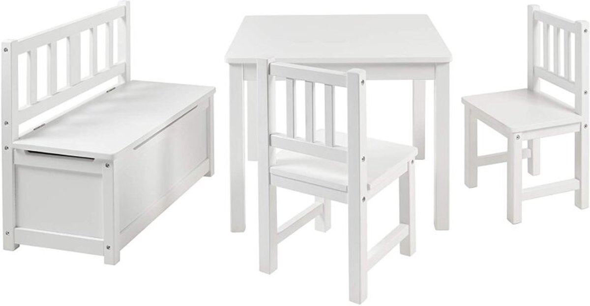 Bomi Anna Kindertafel met Stoeltjes en Opbergbank Wit - Bank met Opbergruimte - Soft-Close Deksel - Massief Grenenhout FSC - Speeltafel - 3 t/m 6 Jaar