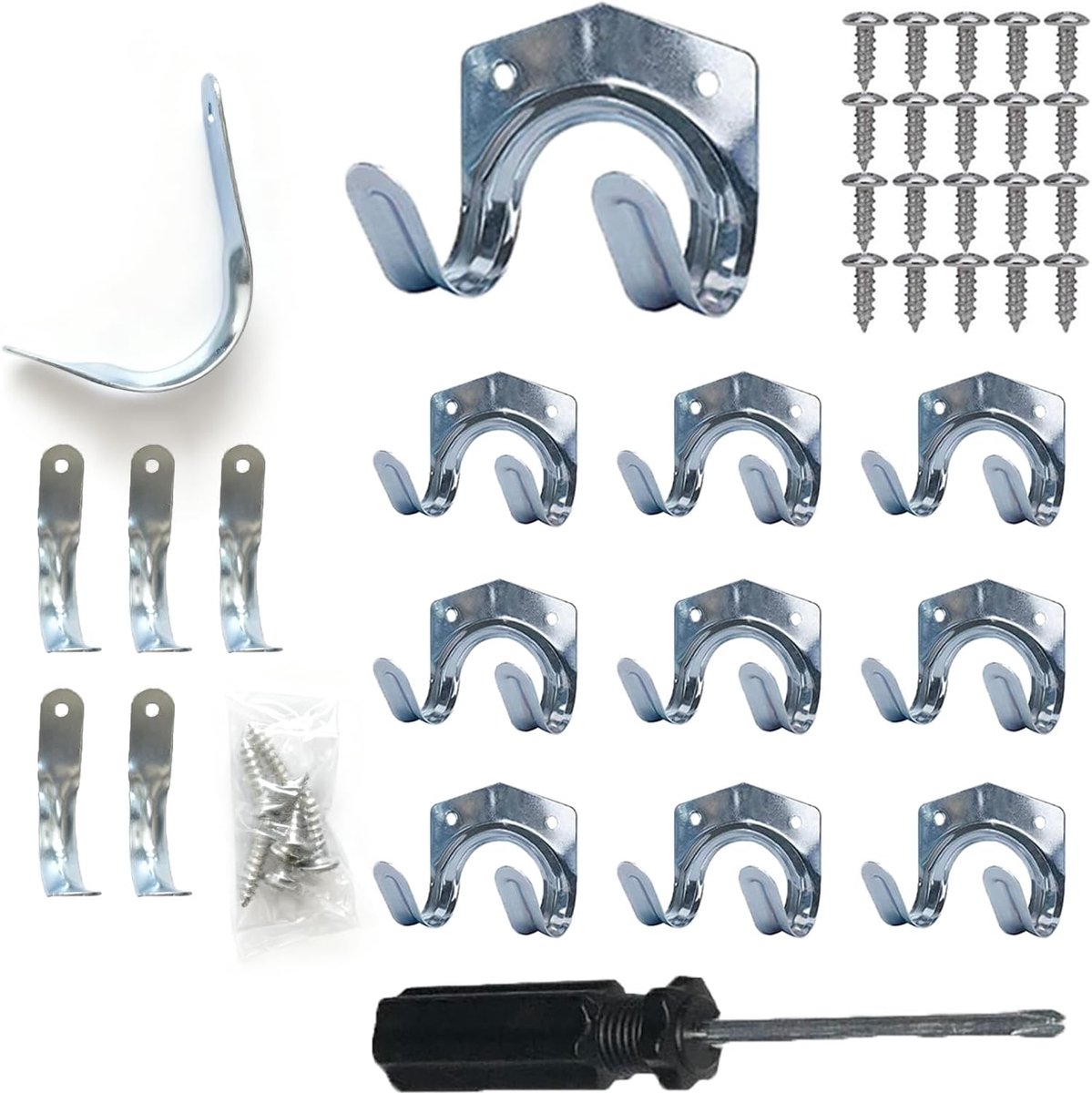 Pack of 16 Wall Hooks, Tool Organisation for Garage, 10 Double Hooks, 6 Single Hooks, Wall Hooks, Suitable for Garage - ShopVlot
