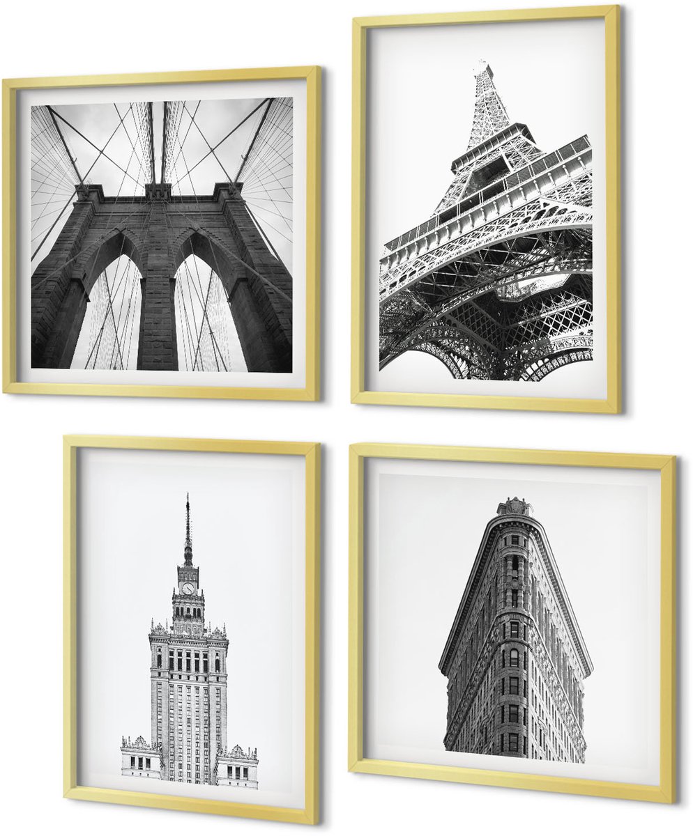 Coloray 4-Delige Schilderij Set - Architectonische gebouwen in zwart-wit minimalisme - 40 x 40 cm en 40 x 60 cm - Stijlvolle Wanddecoratie - Interieur - Interieur Decoratie