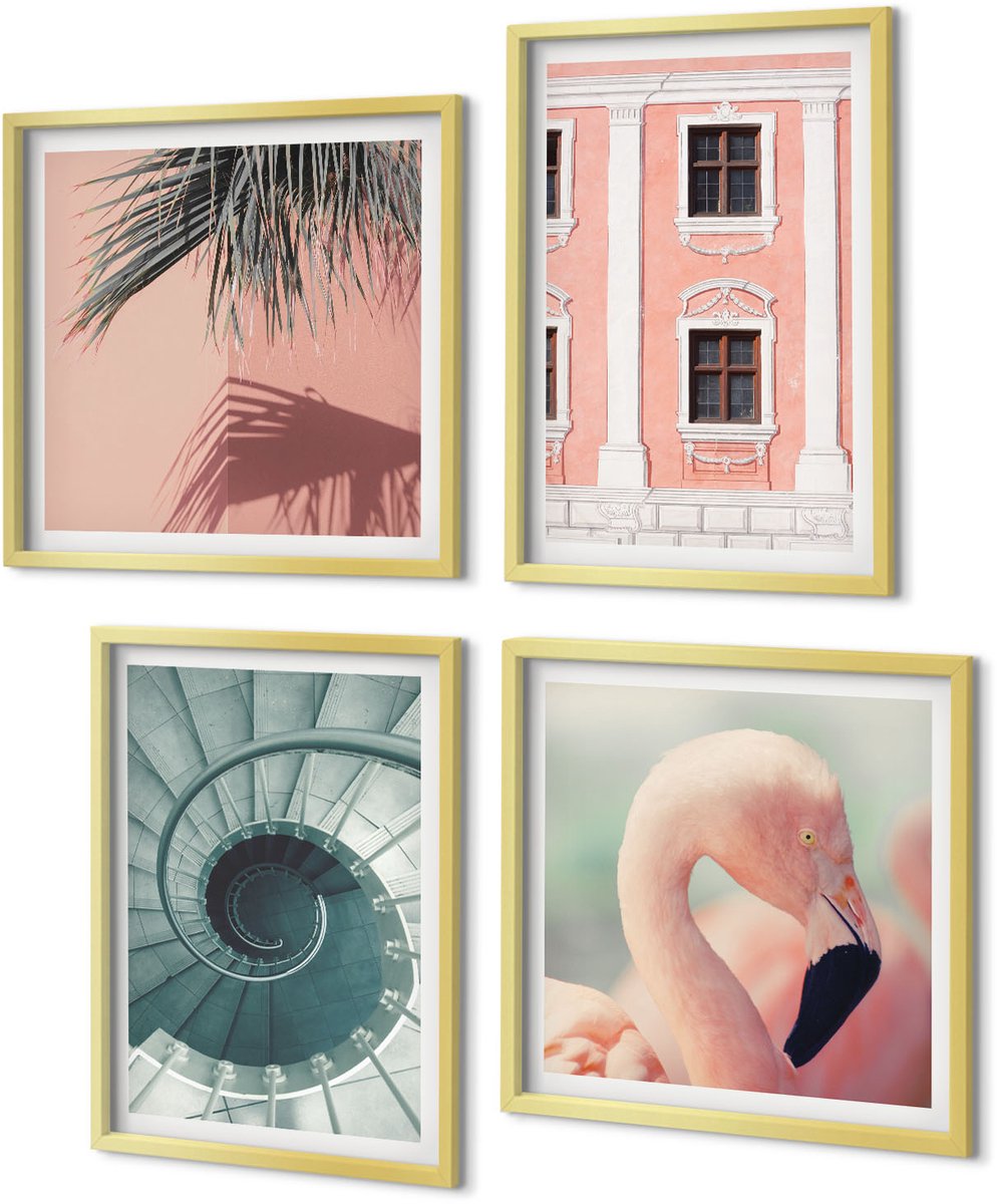 Coloray 4-Delige Schilderij Set - Pastelkleurige architectuur en spiraalpatronen - 40 x 40 cm en 40 x 60 cm - Moderne Wanddecoratie - Slaapkamer - Decoratieve Schilderijen