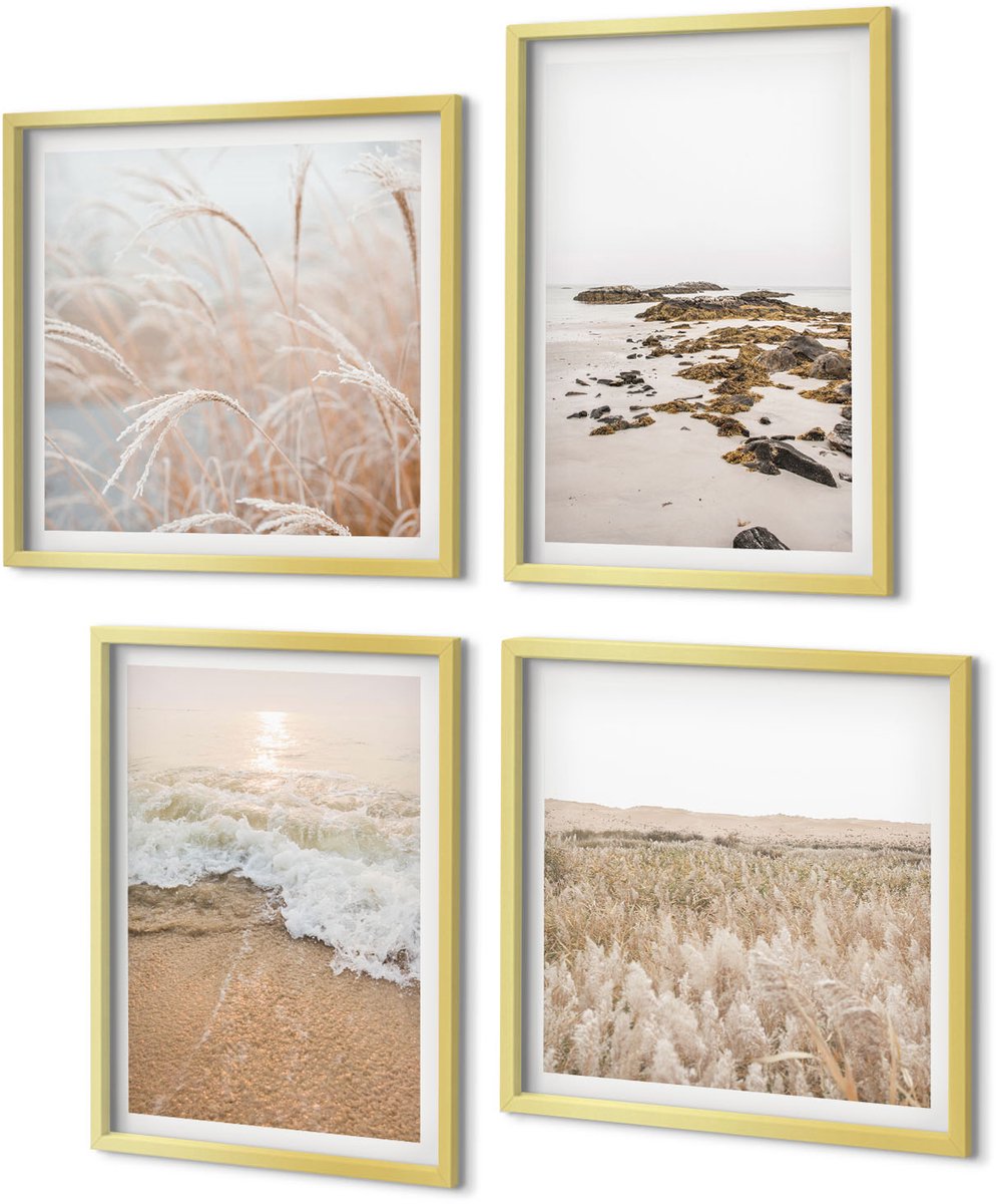 Coloray 4-Delige Schilderij Set - Strand met golven en zeestenen in de zomer - 40 x 40 cm en 40 x 60 cm - Wanddecoratie - Muurdecoratie - Moderne Interieurdecoratie - Interieur Decoratie