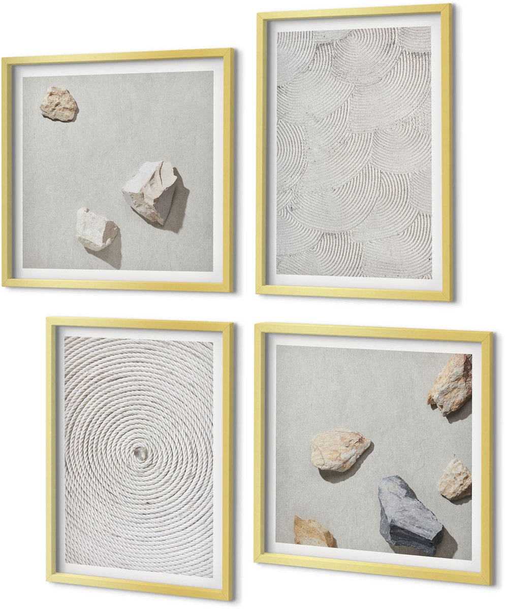 Coloray 4-Delige Schilderij Set - Geometrische patronen van karton en stenen op zand. - 40 x 40 cm en 40 x 60 cm - Wanddecoratie - Muurdecoratie - Woonkamer - Stijlvolle Muurdecoratie