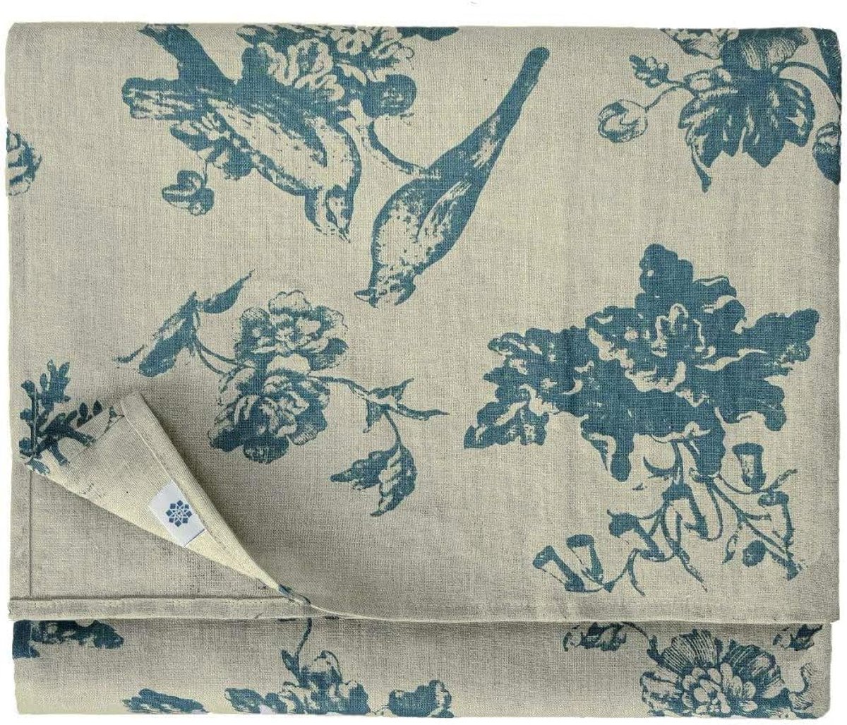 Linen & Cotton High Quality Table Cloth Flores - 100% Linen, Beige Natural Blue (140 x 140cm) Floral Vintage Rustic - ShopVlot