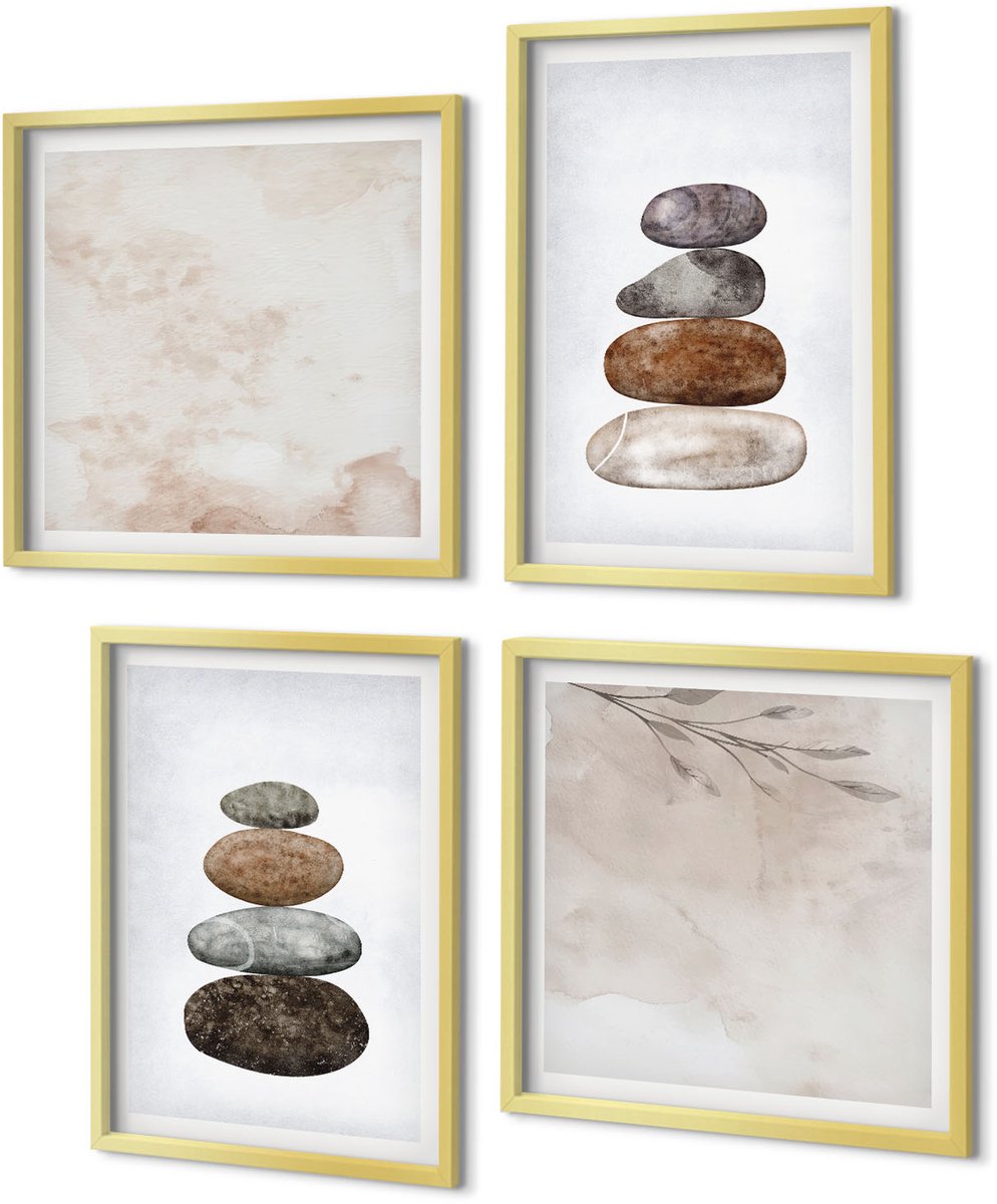 Coloray 4-Delige Schilderij Set - Minimalistisch boho-schilderij van steenstapels - 40 x 40 cm en 40 x 60 cm - Muurdecoratie - Decoratieve Schilderijen - Wohnzimmer - Wanddecoratie