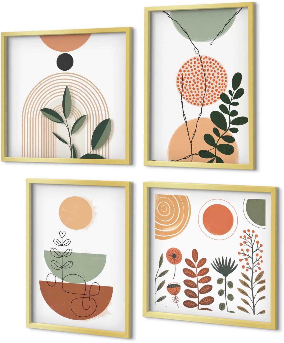 Coloray 4-Delige Schilderij Set - Abstracte vormen met kleurrijke plantmotieven - 40 x 40 cm en 40 x 60 cm - Muurdecoratie - Interieur Decoratie