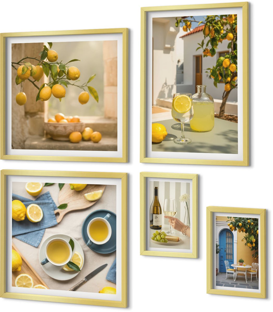 Coloray 5-Delige Schilderij Set - Citroenthema In Een Rustieke Stijl Voor De Keuken - 50 x 50 cm, 20 x 30 cm En 40 x 60 cm - Muurdecoratie - Wanddecoratie - Slaapkamer