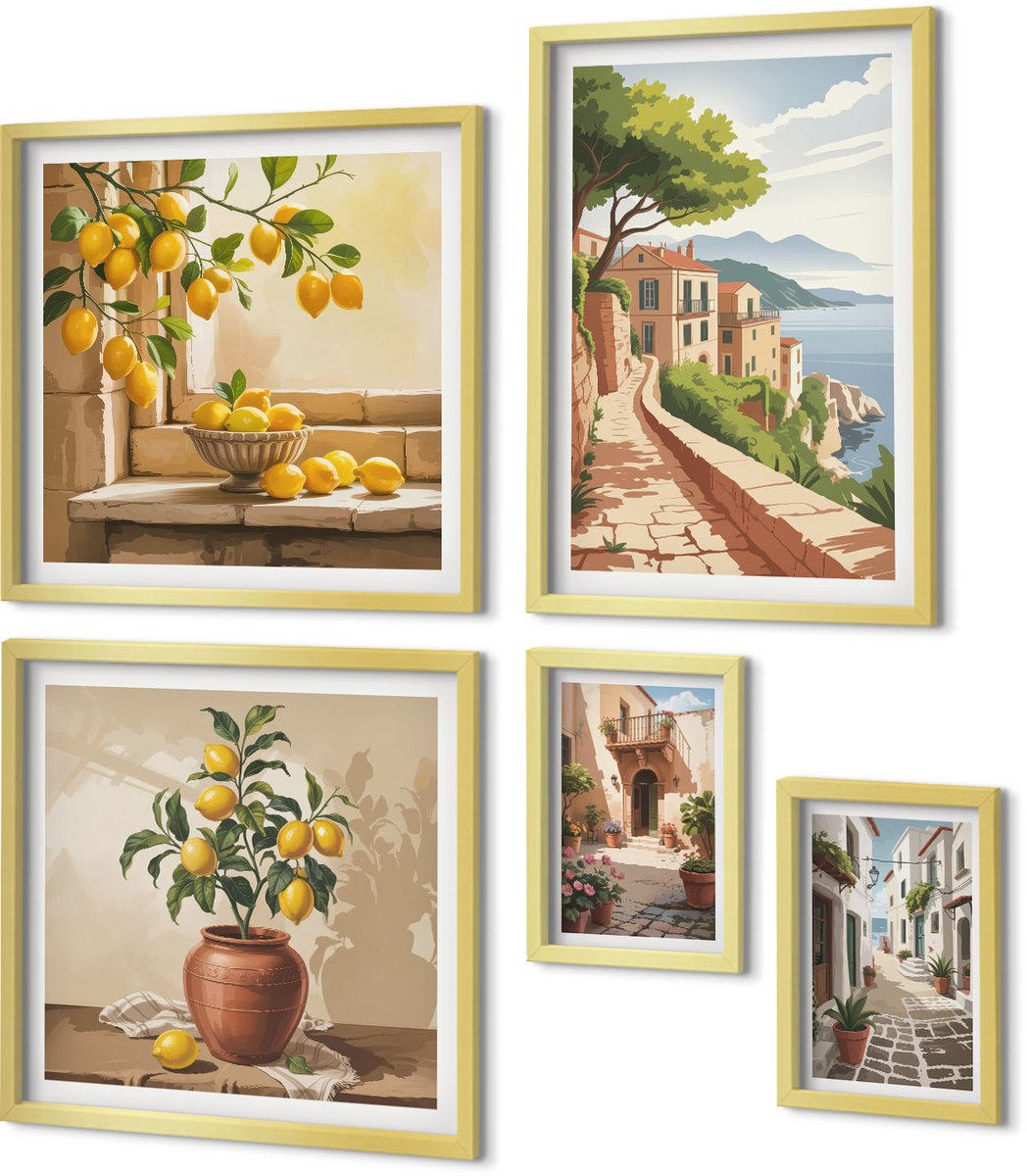Coloray 5-Delige Schilderij Set - Charmante Uitzichten Op Mediterrane Straten En De Natuur. - 50 x 50 cm, 20 x 30 cm En 40 x 60 cm - Moderne Wanddecoratie - Slaapkamer - Interieur Decoratie