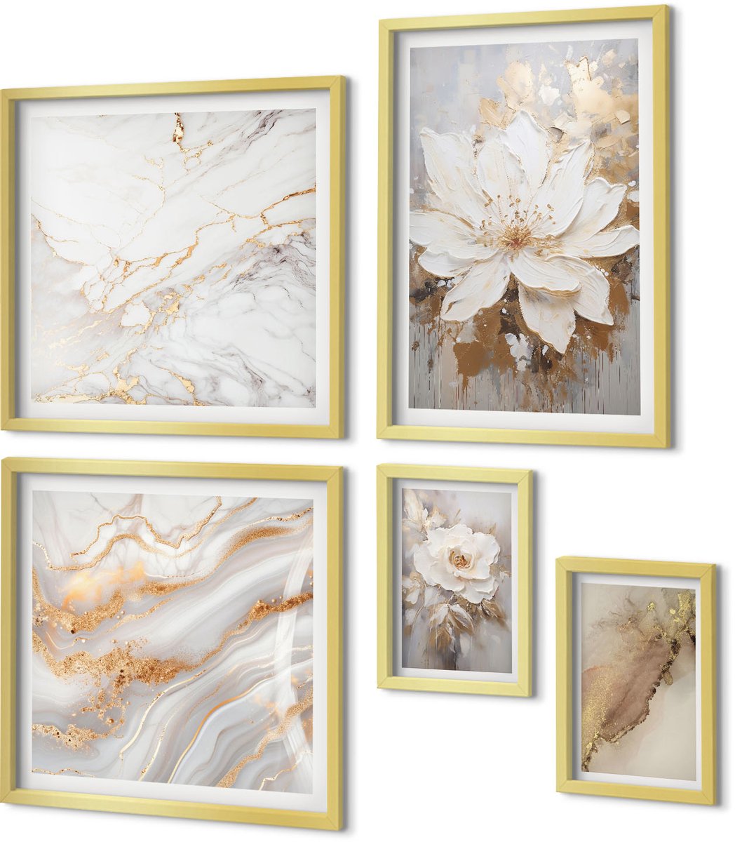 Coloray 5-Delige Schilderij Set - Bloemarrangementen In Een Elegante, Moderne Stijl - 50 x 50 cm, 20 x 30 cm En 40 x 60 cm - Wanddecoratie - Schilderijen Set - Interieur - Moderne Wanddecoratie