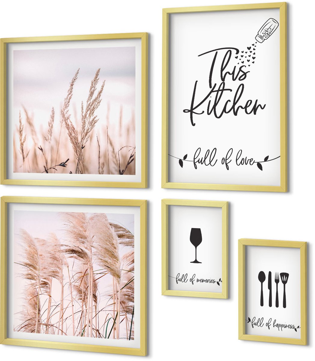 Coloray 5-Delige Schilderij Set - Keukeninspiratie In Boho-Stijl Met Een Passie Voor Koken - 50 x 50 cm, 20 x 30 cm En 40 x 60 cm - Decoratieve Schilderijen - Woonkamer - Interieur