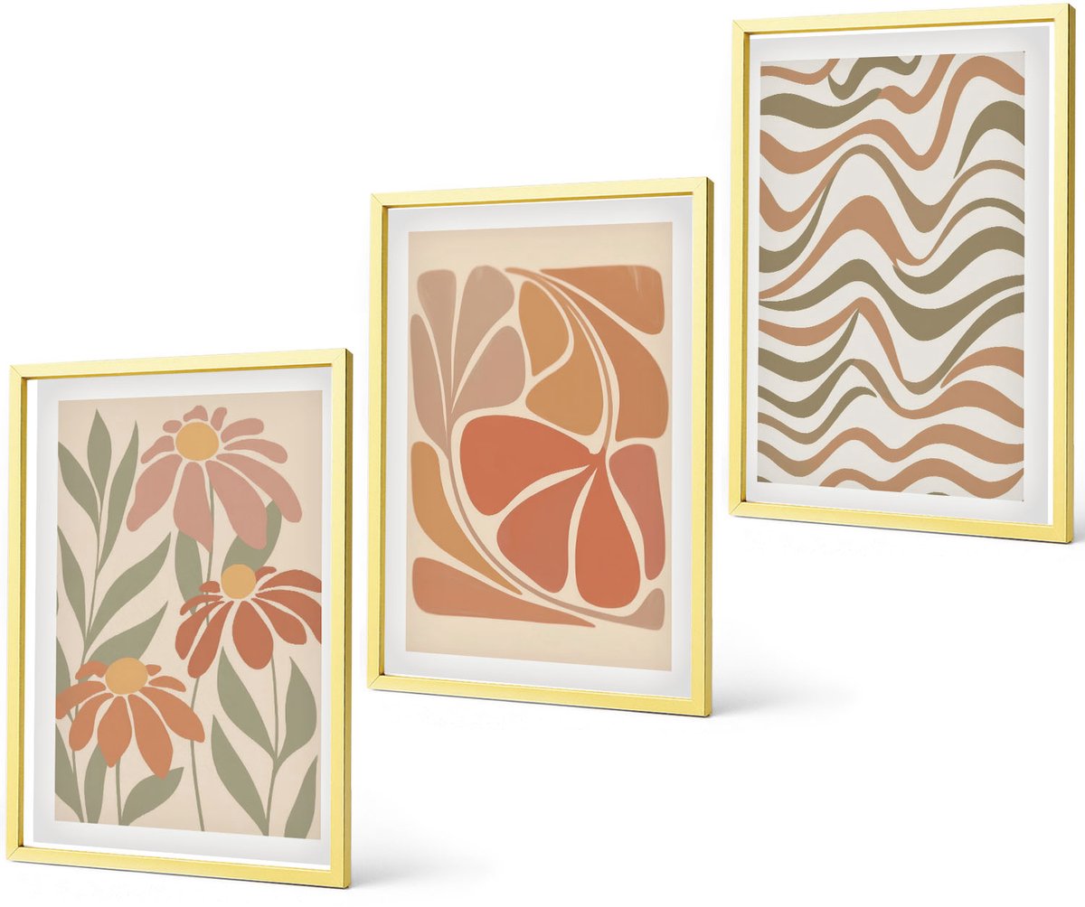 Coloray 3-Delige Schilderij Set - Pastelkleurige Bloemen En Abstracte Patronen - 40 x 40 cm En 40 x 60 cm - Decoratieve Schilderijen - Wanddecoratie - Hal
