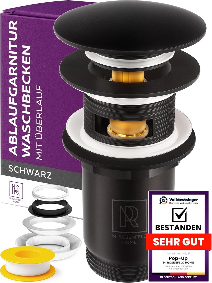 Drain fitting black with overflow – pop-up drain valve for sink and basin – black drain fitting 1¼ inch – Push Open - ShopVlot