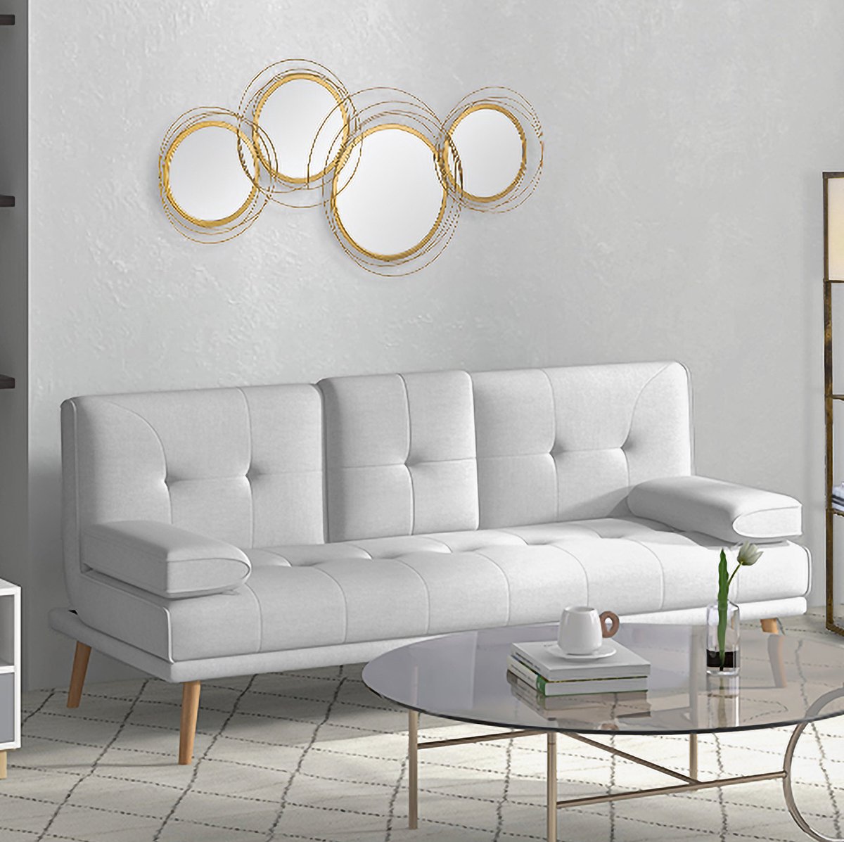 DESMIU Wandspiegel Set Met 4 Ronde Spiegels – 107 X 56 Cm – Metaal – Goud – Moderne Wanddecoratie Voor Woonkamer En Slaapkamer