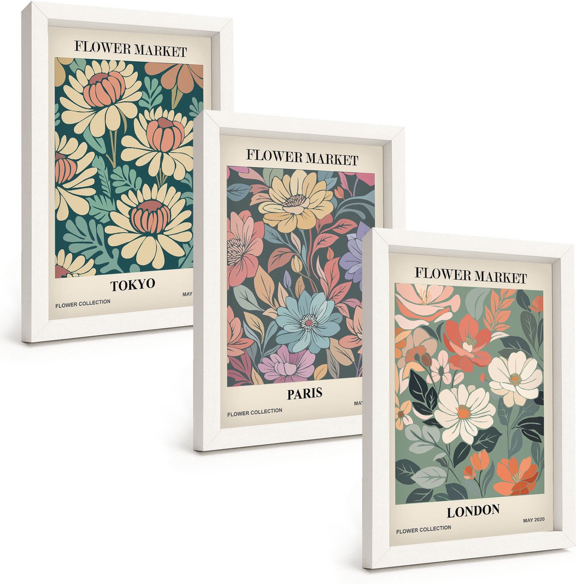Tulup 3-Delige Schilderij Set - Bloemenposters Tokio Parijs Londen - 20x30 - Moderne Wanddecoratie - Slaapkamer