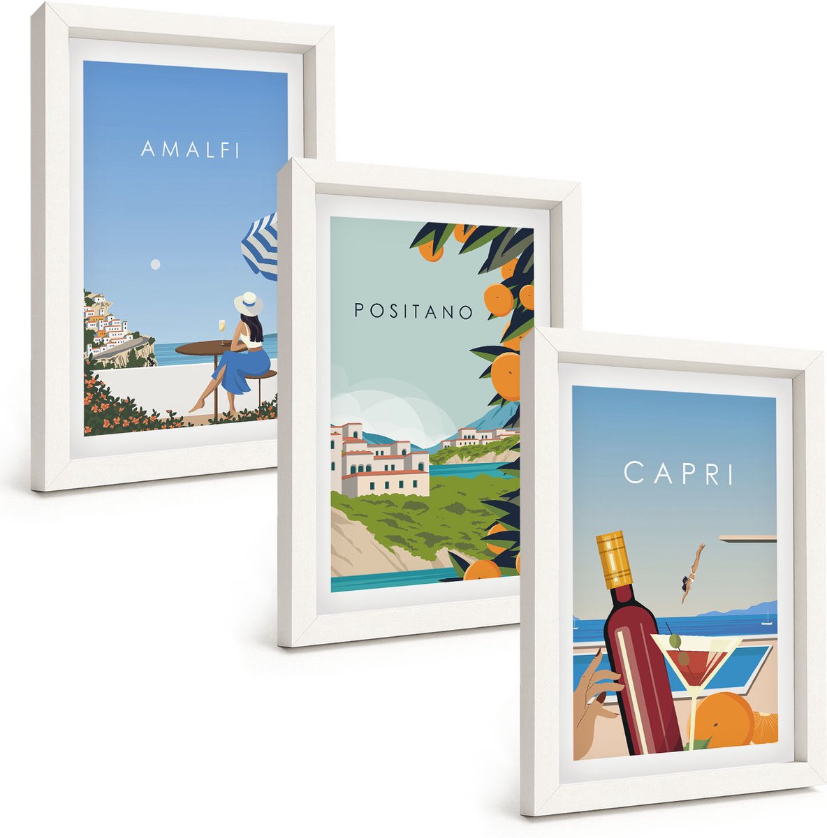 Tulup 3-Delige Schilderij Set - Vakantiegezichten Amalfi Positano en Capri - 20x30 - Wanddecoratie - Moderne Interieurdecoratie - Woonkamer Decoratie