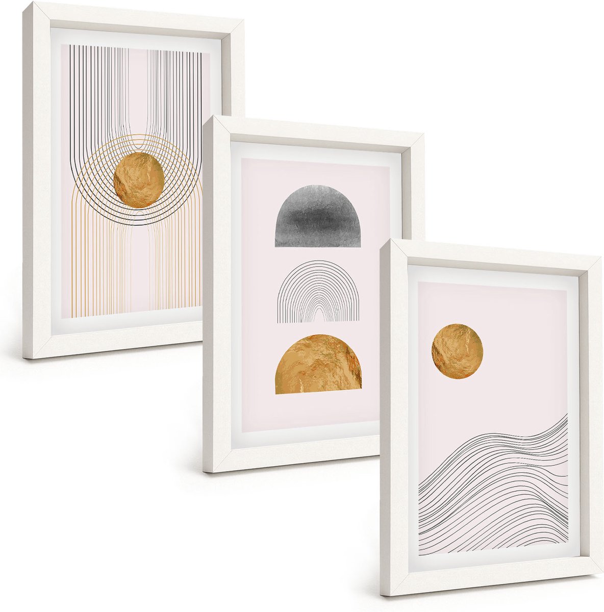 Tulup 3-Delige Schilderij Set - Abstracte vormen en lijnen in beige en grijze tinten. - 20x30 - Muurdecoratie - Wanddecoratie - Hal - Stijlvolle Muurdecoratie