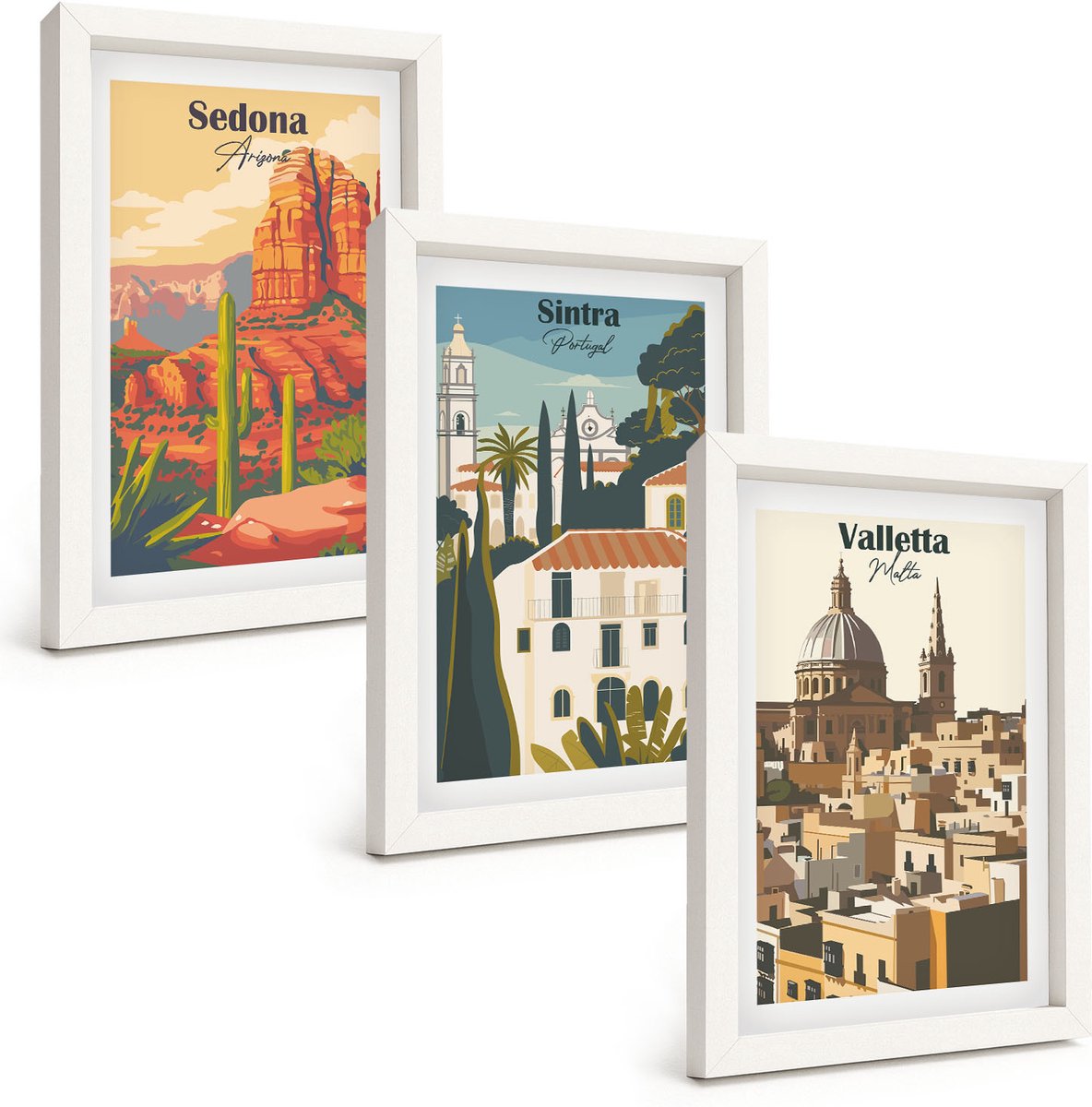 Tulup 3-Delige Schilderij Set - Stadsgezichten in retrostijl van Sedona, Sintra en Valletta - 20x30 - Muurdecoratie - Wanddecoratie - Slaapkamer - Decoratieve Schilderijen