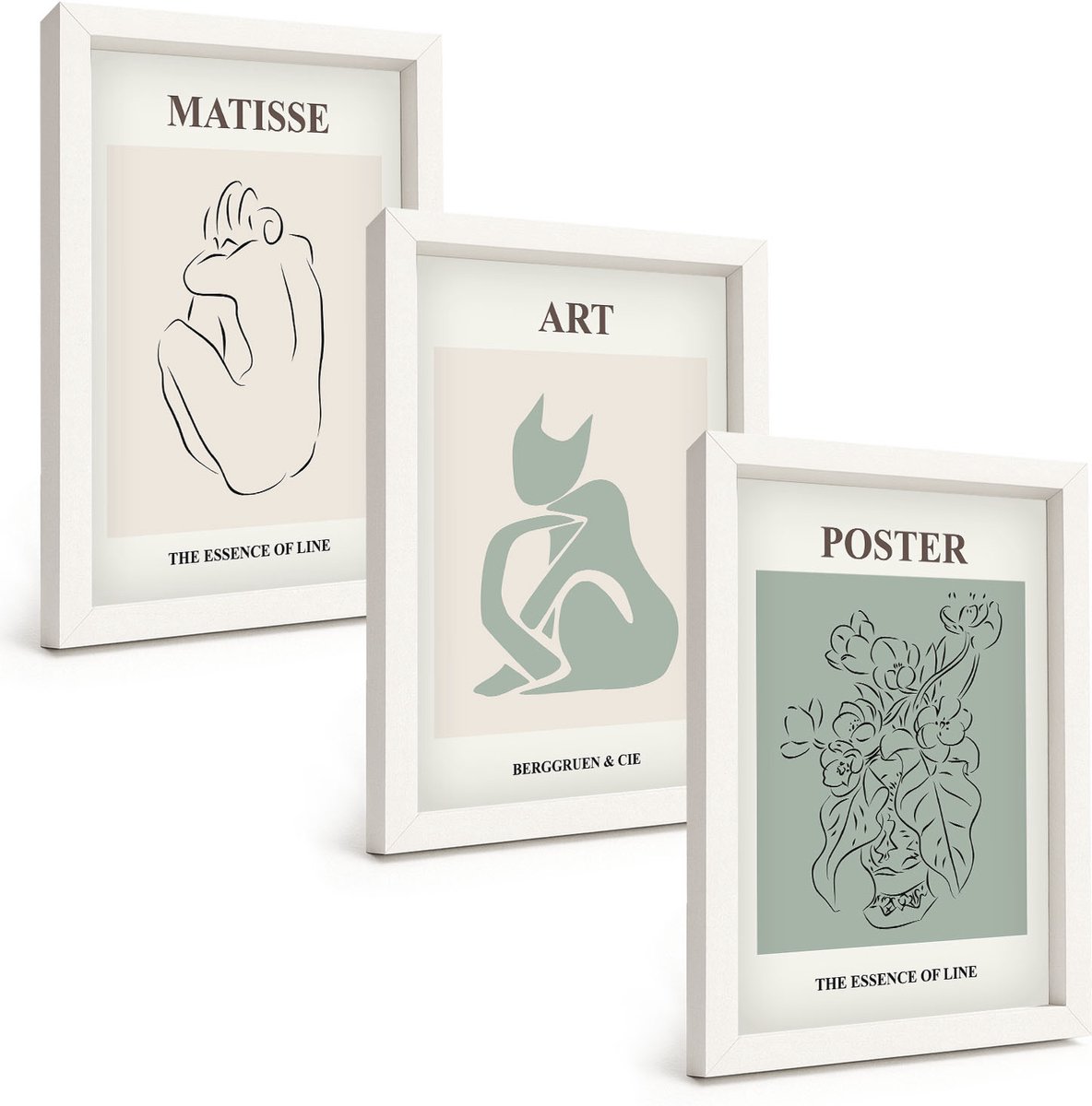 Tulup 3-Delige Schilderij Set - Posters in beige- en groentinten van Henri Matisse - 20x30 - Stijlvolle Muurdecoratie - Slaapkamer - Wanddecoratie
