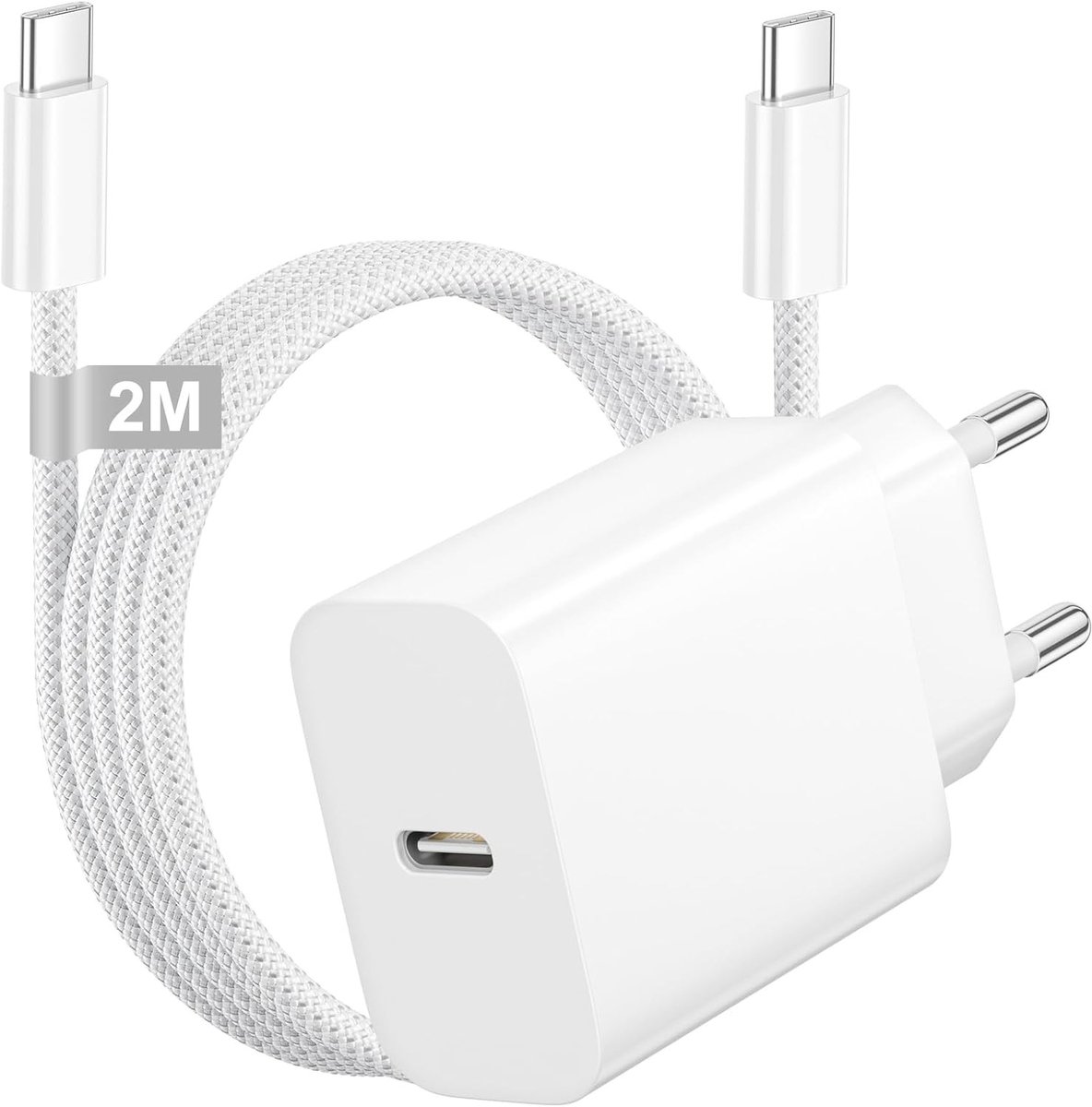 USB C Oplader - Zwart - 25W + 2M C2C - Snellaadadapter met USB C-kabel - Voor iPhone en andere apparaten