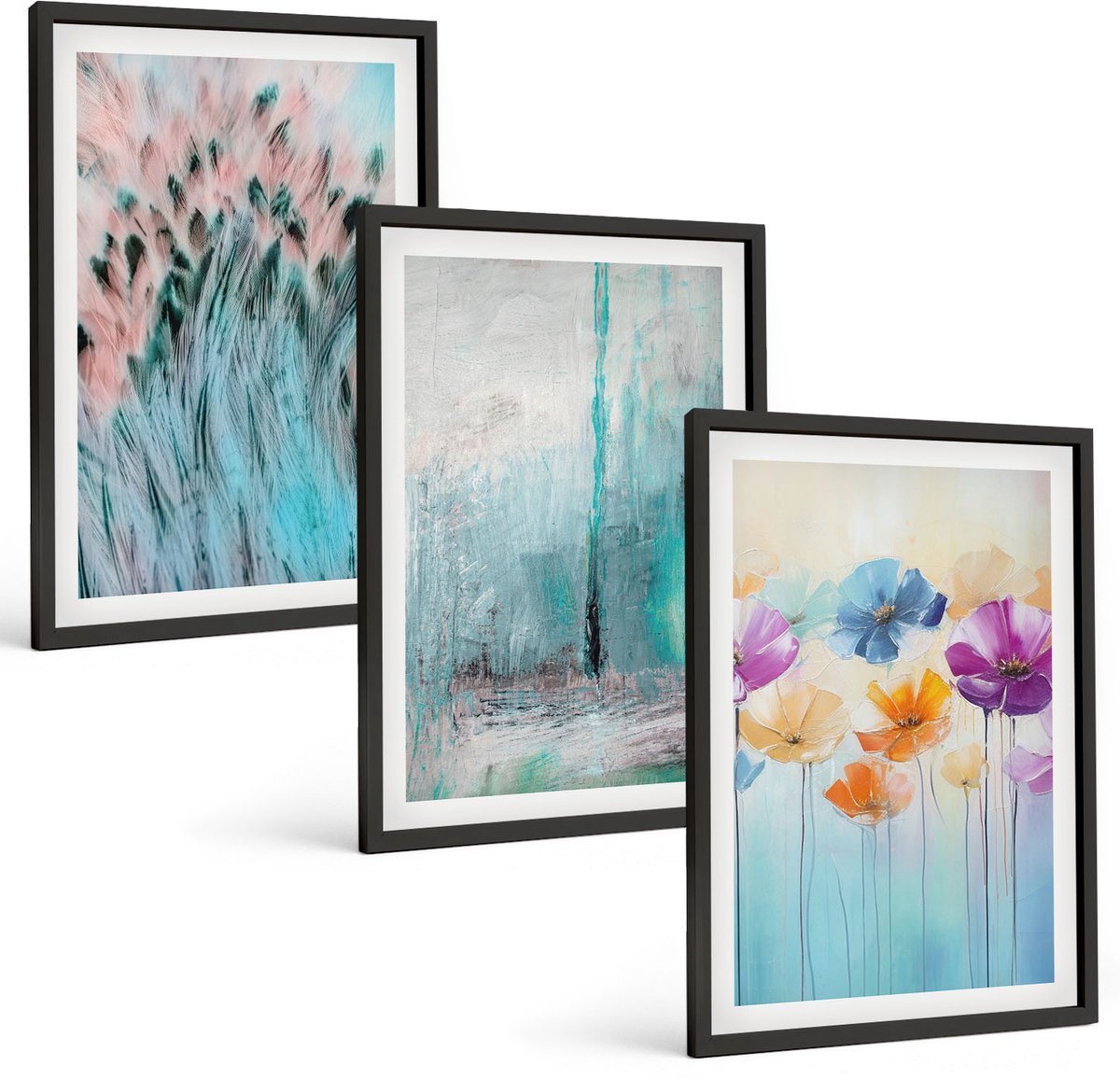 Tulup 4-Delige Schilderij Set - Bloemen op een achtergrond van pastelkleuren en delicate patronen. - 40 x 60 cm - Decoratieve Schilderijen - Wanddecoratie - Hal - Stijlvolle Muurdecoratie