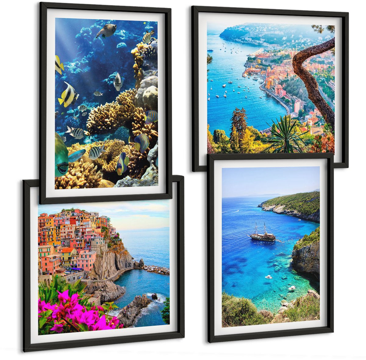 Tulup 4-Delige Schilderij Set - Uitzicht op zee met kleurrijke huizen en een koraalrif. - 40 x 40 cm en 40 x 60 cm - Decoratieve Schilderijen - Wanddecoratie - Hal