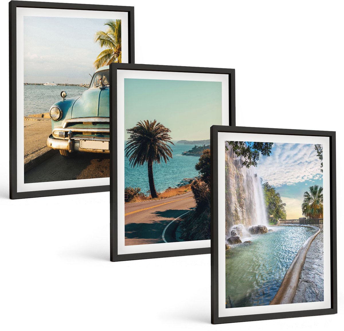 Tulup 4-Delige Schilderij Set - Vakantielandschappen met palmbomen en een waterval - 40 x 60 cm - Muurdecoratie - Interieur Decoratie