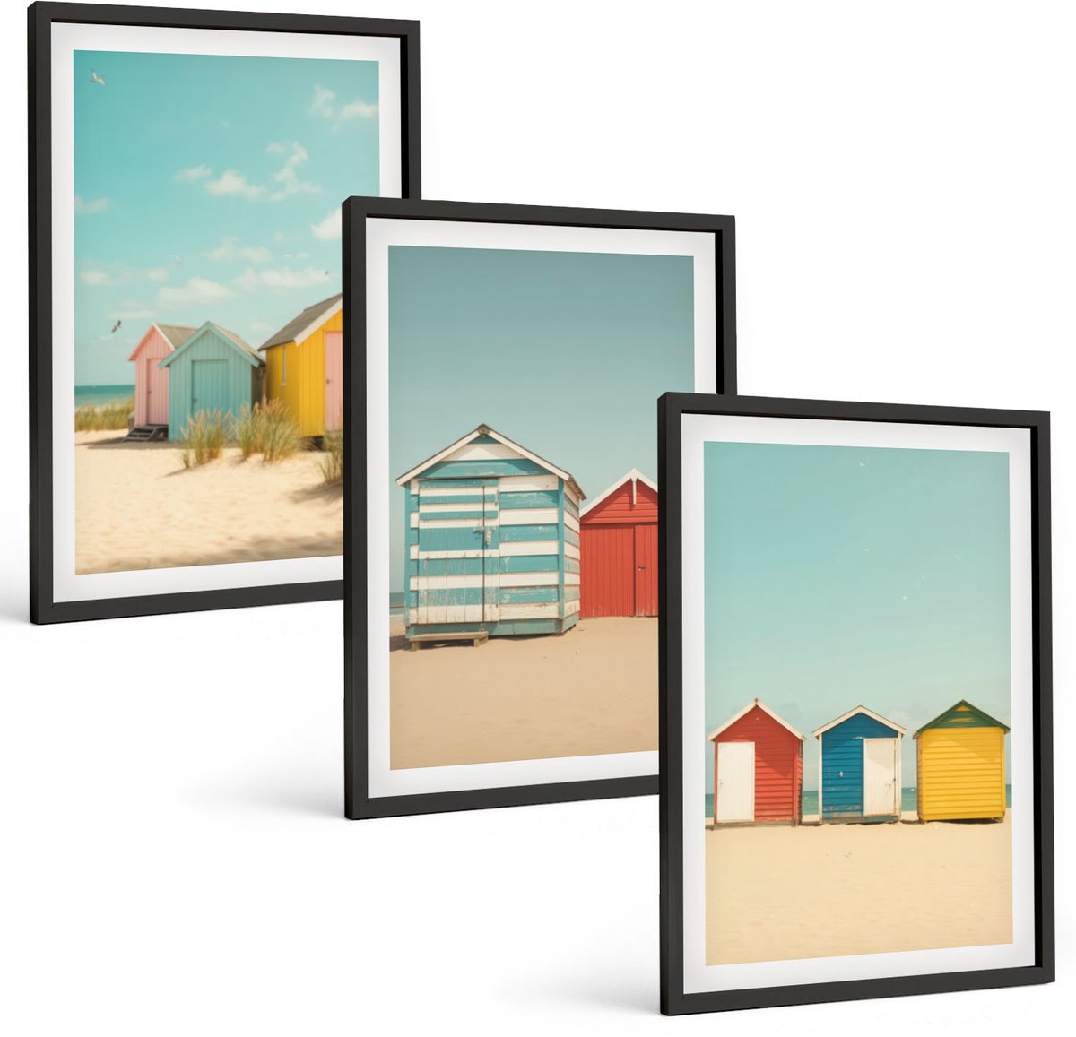 Tulup 4-Delige Schilderij Set - Kleurrijke strandhuisjes op een zonnige dag - 40 x 60 cm - Schilderijen Set - Wanddecoratie - Woonkamer