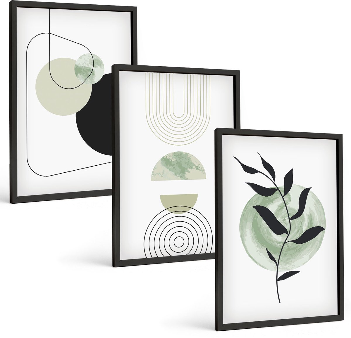 Tulup 4-Delige Schilderij Set - Abstracte vormen en plantmotieven in groen - 40 x 60 cm - Muurdecoratie - Schilderijen Set - Woonkamer - Interieur Decoratie