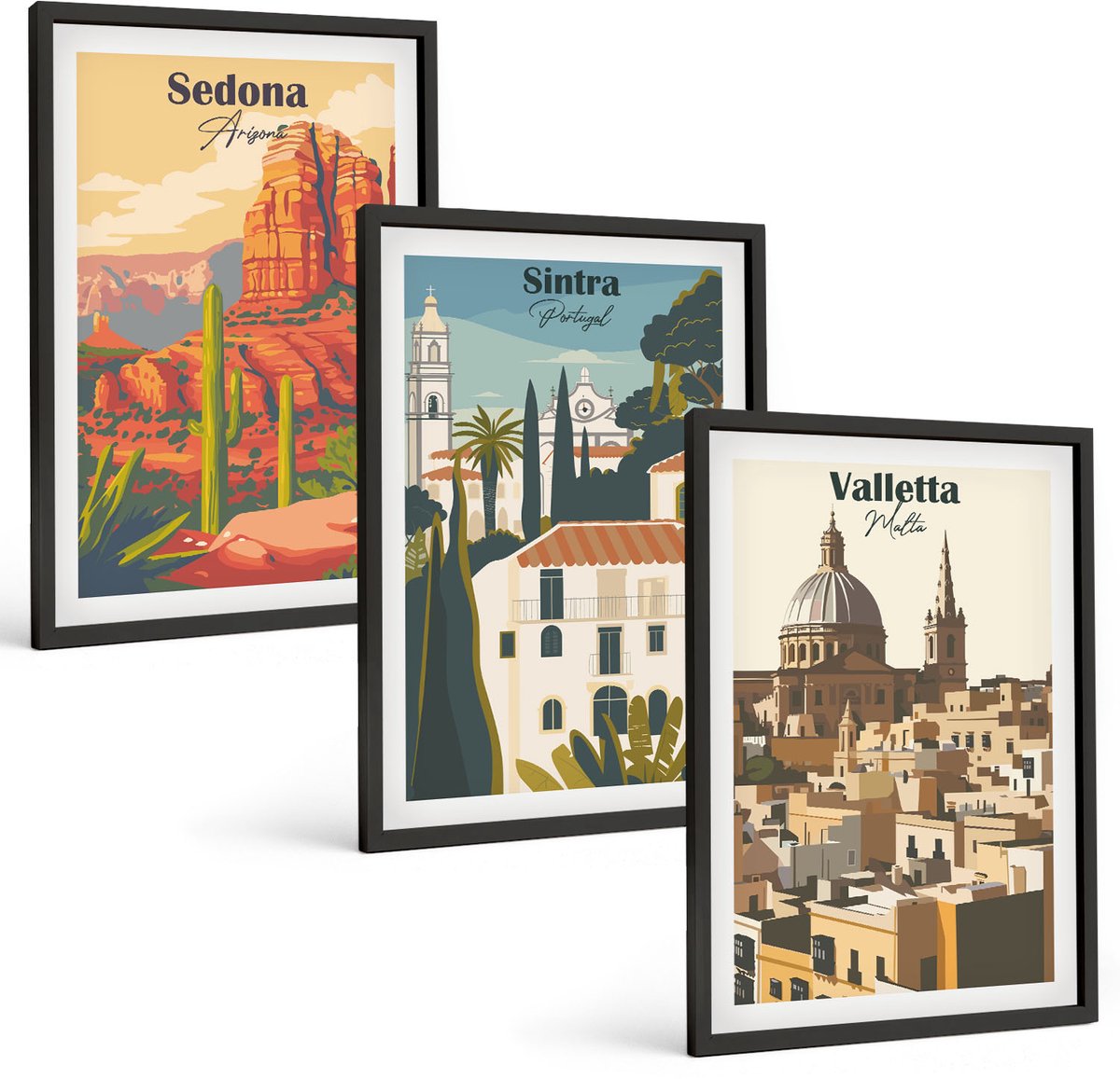 Tulup 4-Delige Schilderij Set - Stadsgezichten in retrostijl van Sedona, Sintra en Valletta - 40 x 60 cm - Wanddecoratie - Schilderijen Set - Kantoor - Moderne Wanddecoratie