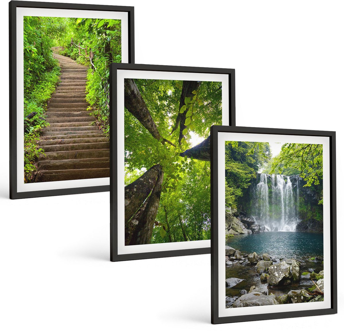 Tulup 4-Delige Schilderij Set - Bospad met waterval en groene vegetatie - 40 x 60 cm - Wanddecoratie - Moderne Interieurdecoratie - Stijlvolle Muurdecoratie