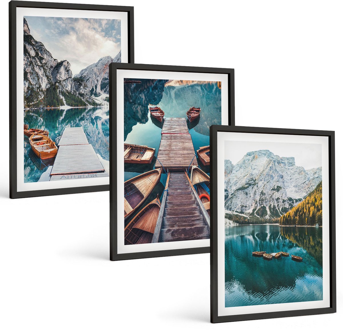 Tulup 4-Delige Schilderij Set - Meer met houten steigers en bergen - 40 x 60 cm - Decoratieve Schilderijen - Wanddecoratie - Hal