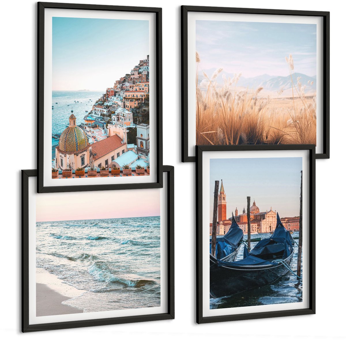 Tulup 4-Delige Schilderij Set - Uitzicht op zee, Italiaanse architectuur, Venetië - 40 x 40 cm en 40 x 60 cm - Muurdecoratie - Wanddecoratie - Slaapkamer