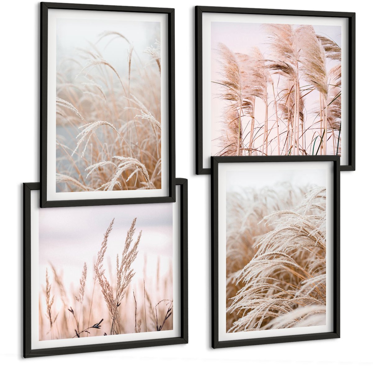 Tulup 4-Delige Schilderij Set - Grasvelden in delicate tinten bruin en beige. - 40 x 40 cm en 40 x 60 cm - Wanddecoratie - Schilderijen Set - Interieur - Muurdecoratie