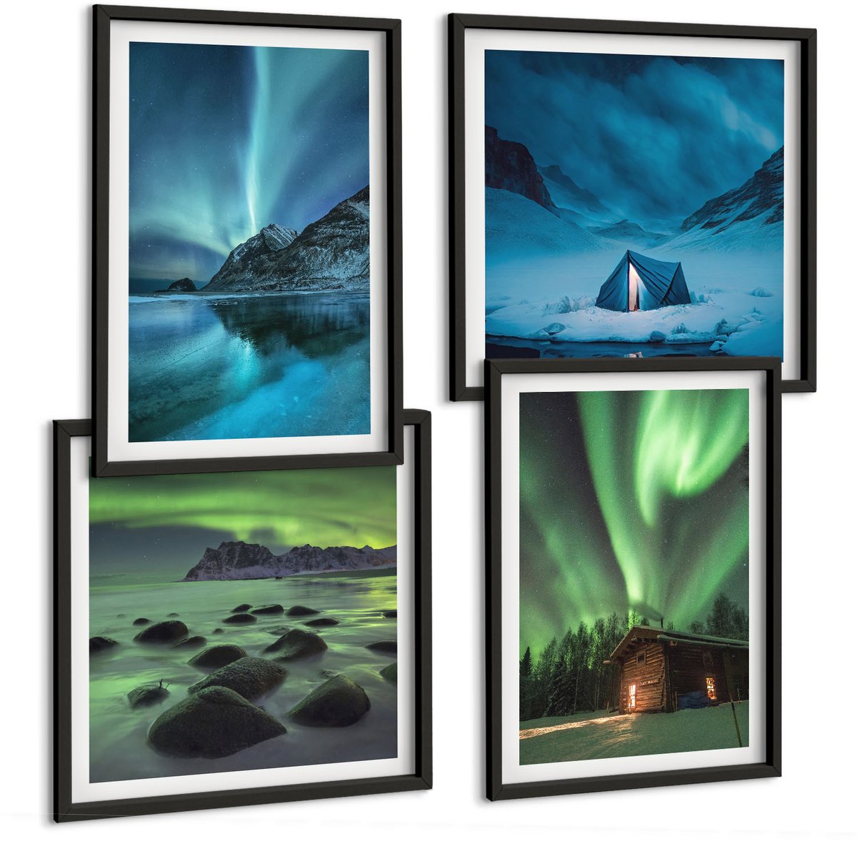 Tulup 4-Delige Schilderij Set - Winterlandschappen met het noorderlicht boven de bergen - 40 x 40 cm en 40 x 60 cm - Stijlvolle Wanddecoratie - Interieur - Stijlvolle Muurdecoratie