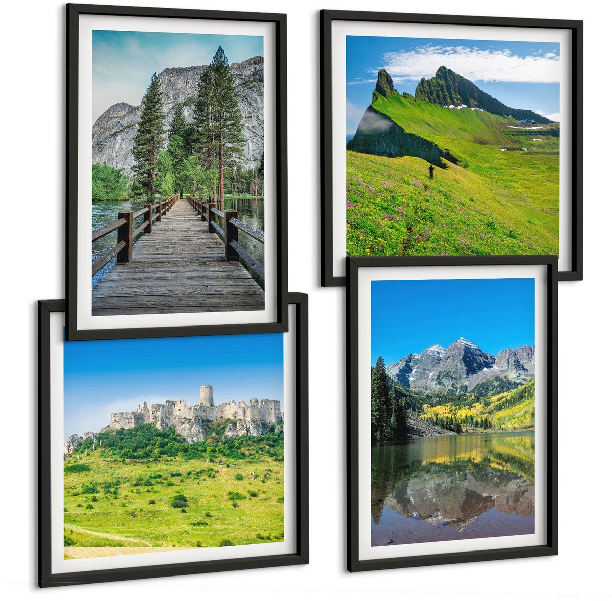 Tulup 4-Delige Schilderij Set - Groene heuvels met een kasteel en berglandschappen - 40 x 40 cm en 40 x 60 cm - Wanddecoratie - Muurdecoratie - Woonkamer - Stijlvolle Muurdecoratie