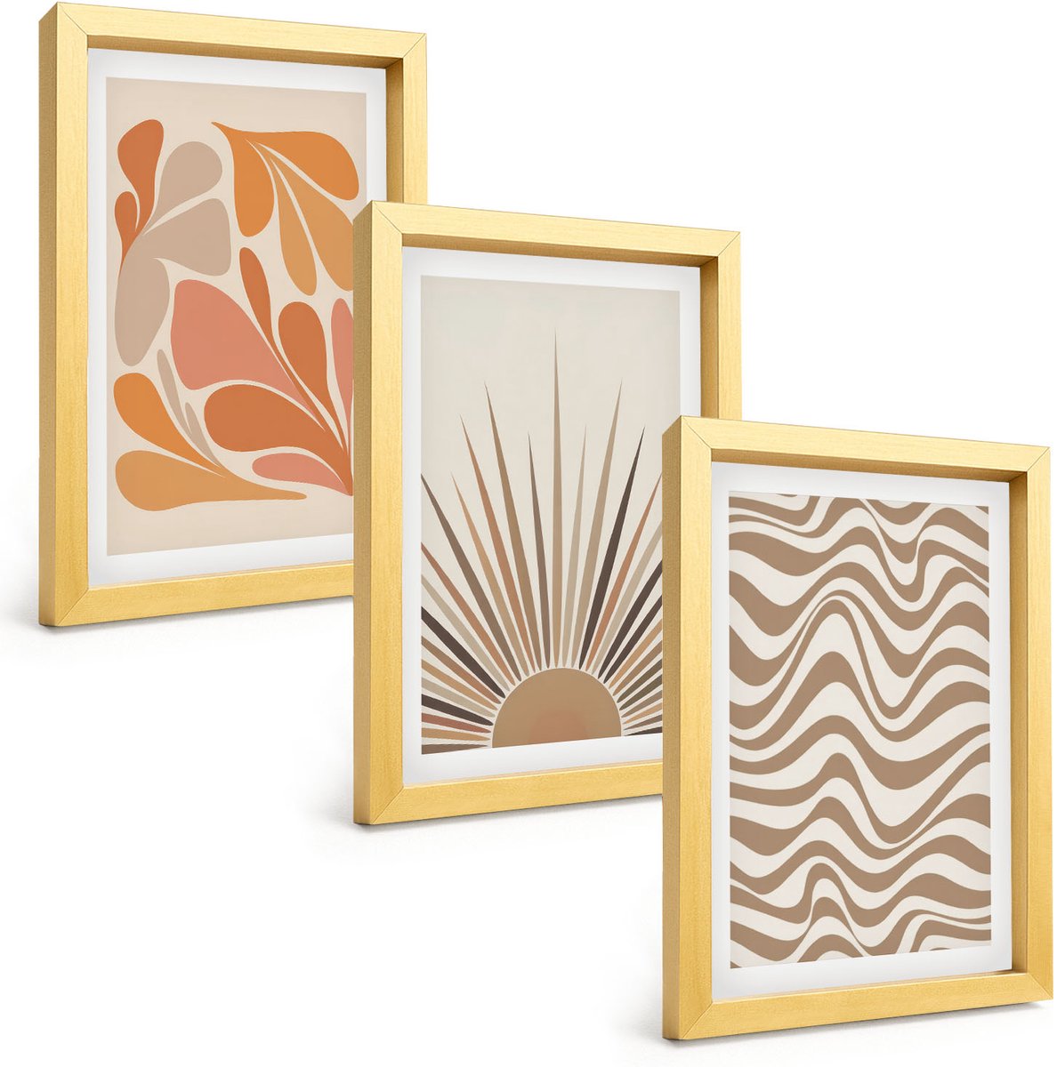 TULUP 4-Delige Schilderij Set - Zon Boho Pastel Abstracte Vormen - 20 x 30 cm - Wanddecoratie - Muurdecoratie - Woonkamer - Woonkamer Decoratie Gouden lijst