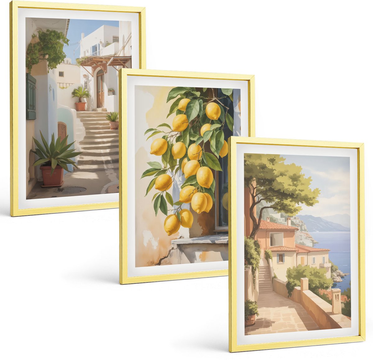 TULUP 4-Delige Schilderij Set - Sfeervolle straatjes met citroenbomen en uitzicht op zee. - 40 x 60 cm - Decoratieve Muurdecoratie - Slaapkamer Gouden lijst