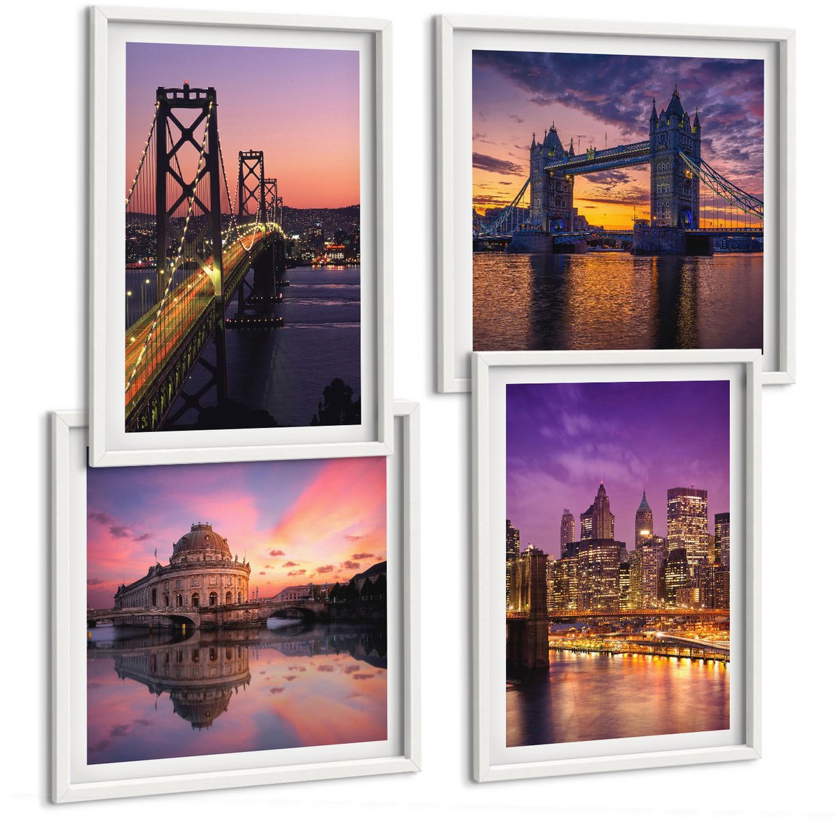 Tulup 4-Delige Schilderij Set - Bruggen bij zonsondergang en stedelijke landschappen - 40x40 en 40x60 - Muurdecoratie - Wanddecoratie - Slaapkamer - Interieur Decoratie