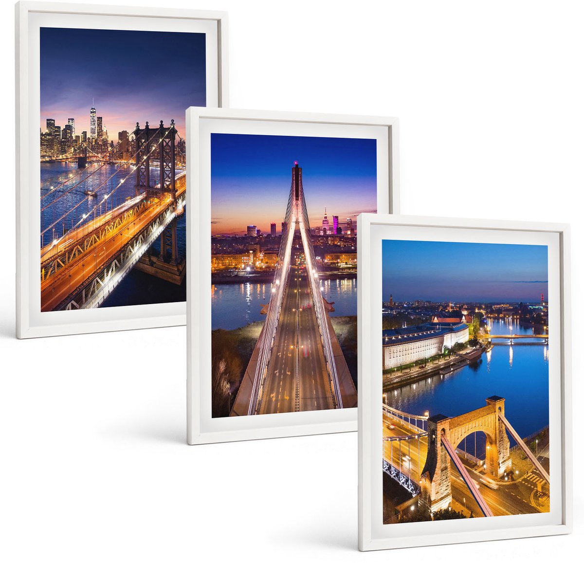Tulup 3-Delige Schilderij Set - Stadsgezichten 's nachts met bruggen en rivieren - 40x60 - Wanddecoratie - Woonkamer Decoratie