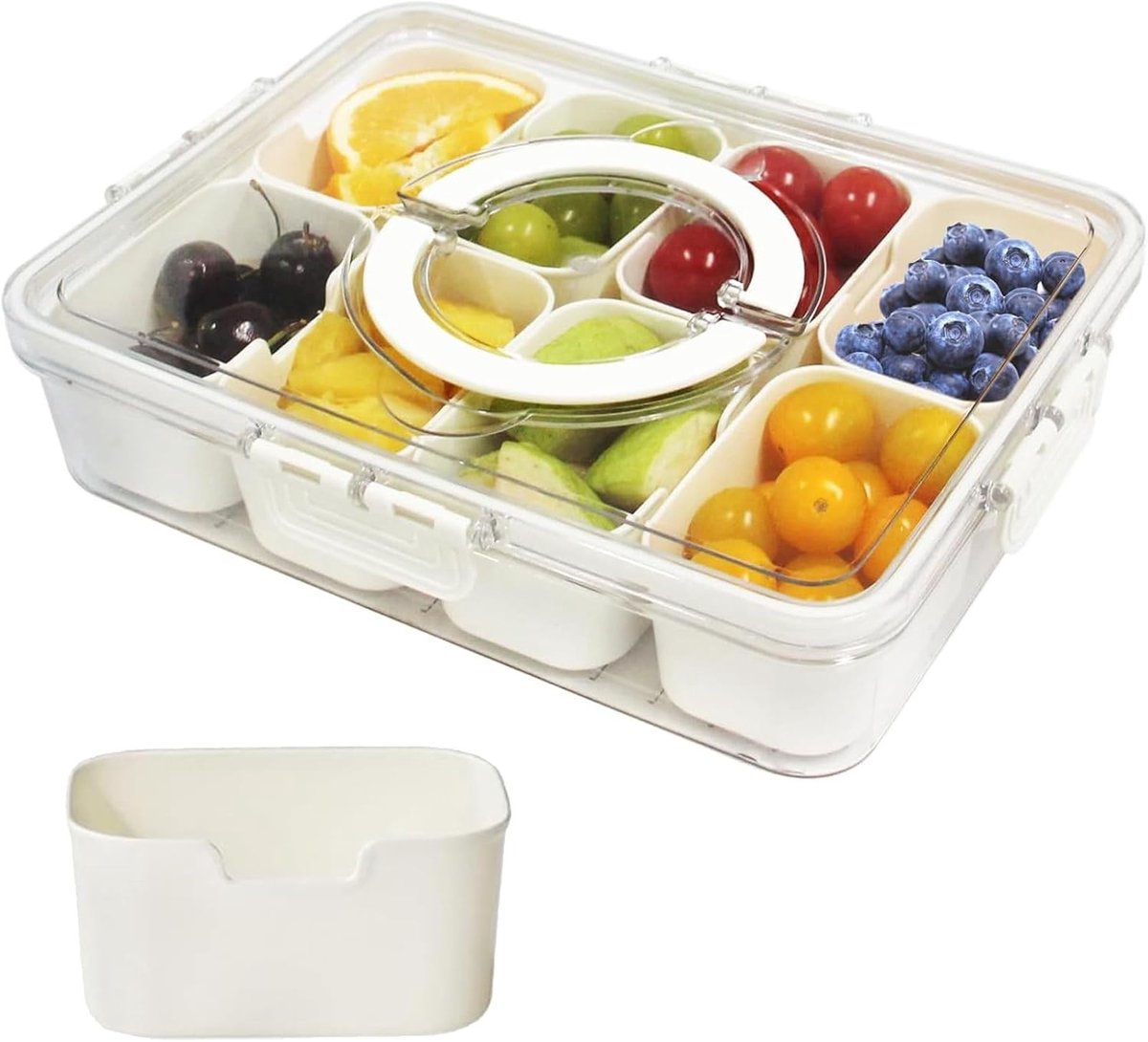 Snackdoos met Deksel en Handvat - Crème Wit - 31 x 23,5 x 6,5 cm - Plastic Draagbare Voedselopslagcontainer - Voor Snacks en Gerechten